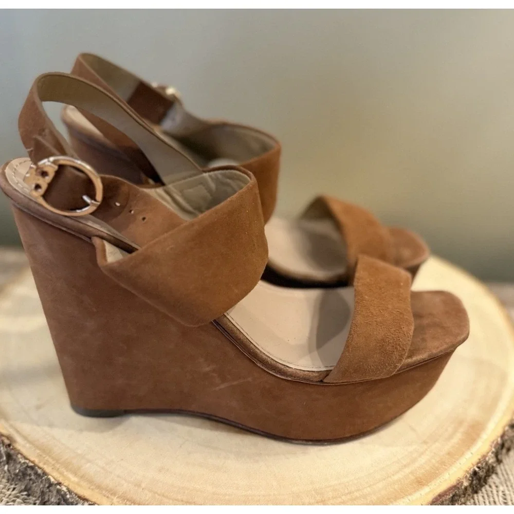 Tory Burch Loretta 120mm Lancaster Cuoio Brown Suede Platform‎ Wedge Sandals 8